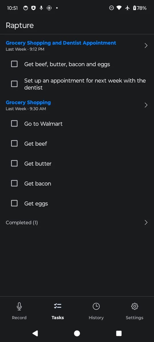 Rapture on Android: the Tasks tab with tappable checkboxes