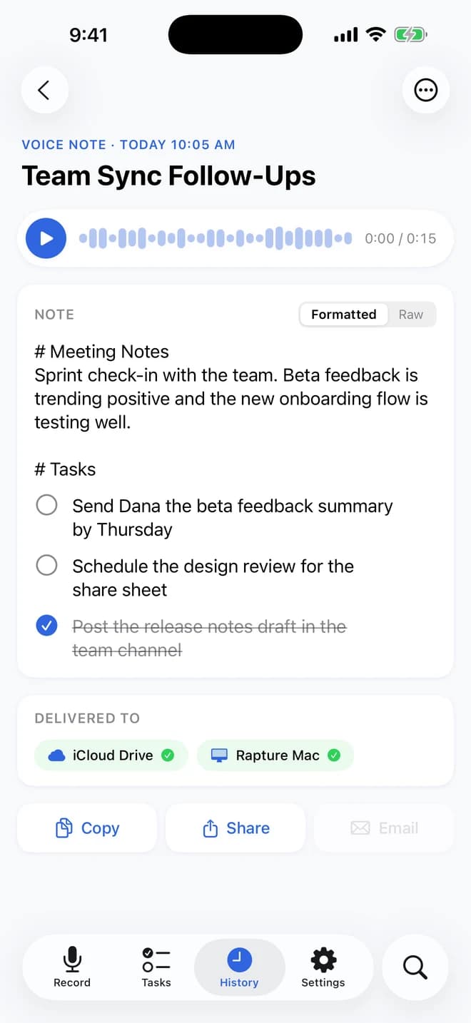 Rapture on iPhone: a voice capture formatted into a clean note