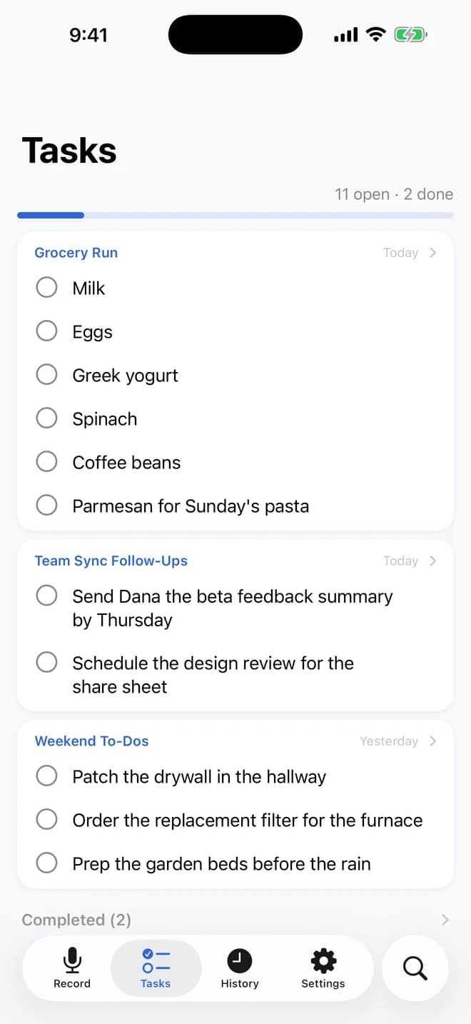 Rapture on iPhone: action items turned into tappable checkboxes