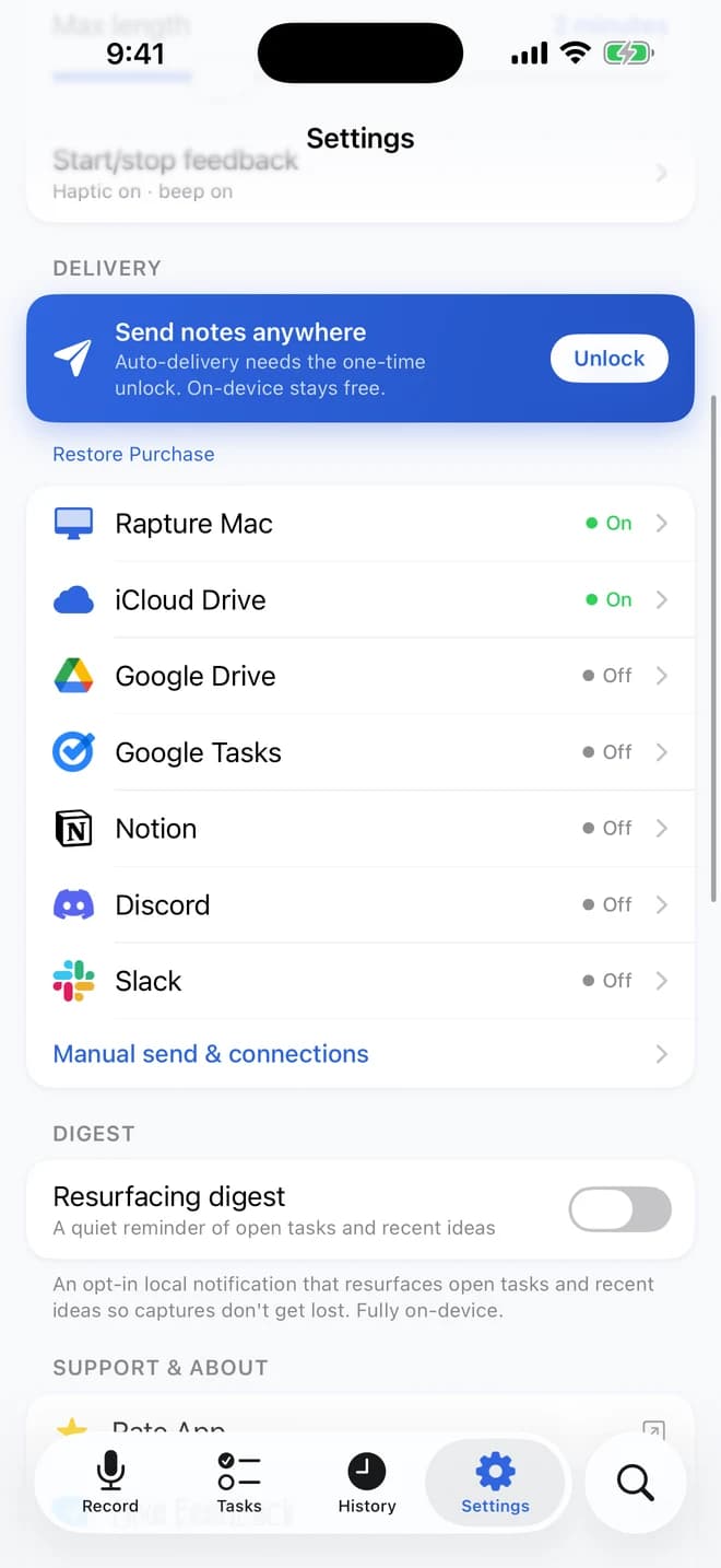 Rapture on iPhone: delivery destinations, each one off until you connect it