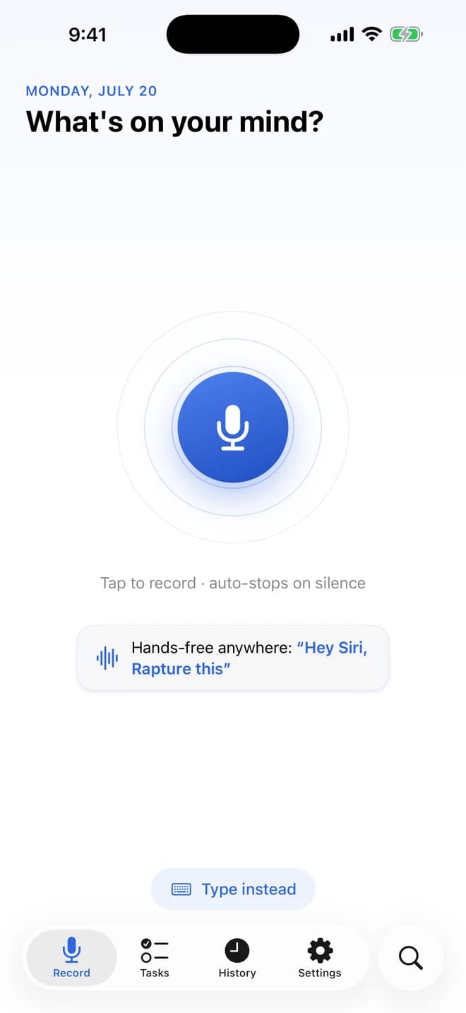 Rapture on iPhone: the record screen, ready for 'Hey Siri, Rapture this'